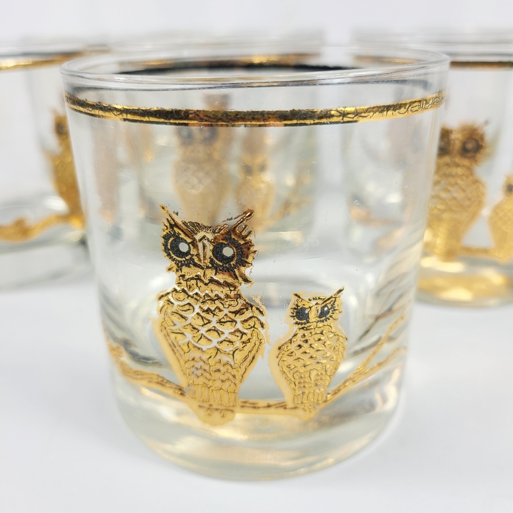 MID CENTURY VINTAGE LOW BALL GLASSES GOLD LEAF WITH OWLS SET OF 8